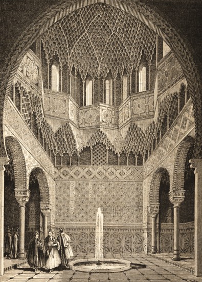 Abencerragen of the Alhambra, Moorish family at the time of the Emirate of Granada (1238, 1492) Architecture, hall, columns, fountains, people, Islamic and Oriental ornamentation, Andalusia, Spain, historical illustration 1869