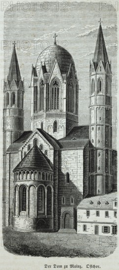 Hohe Dom St. Martin in Mainz, east choir of the cathedral, episcopal church, imperial cathedral, double tower, Romanesque basilica, dome, historical illustration 1869