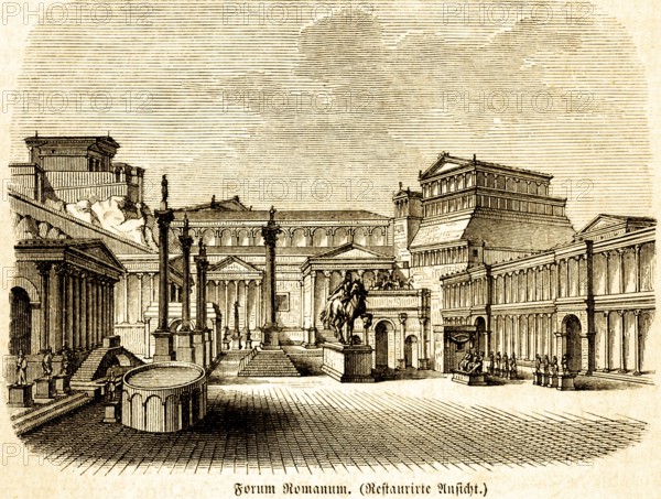 Roman Forum, restored view, architecture, central Roman marketplace, temple, columns, equestrian statue, stairs, Rome, Italy, historical illustration 1869