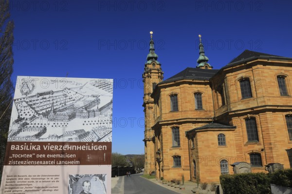 Information board about the history, pilgrimage church Basilica Vierzehnheiligen near Bad Staffelstein, Lichtenfels district, Gottesgarten region in the Upper Mainland, Upper Franconia, Bavaria, Germany