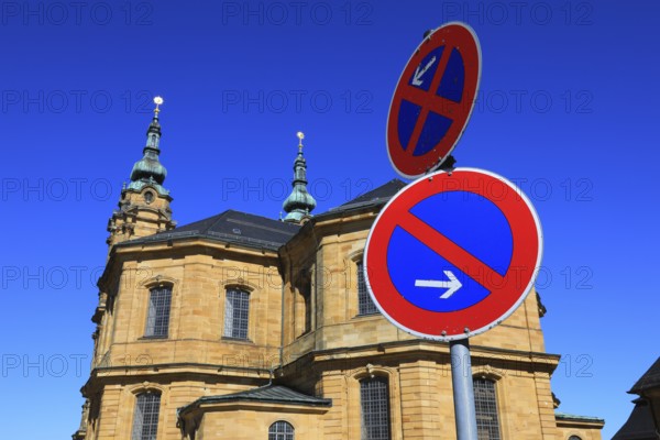 Stopping and parking prohibited at the church, symbol, at the pilgrimage church Basilica Vierzehnheiligen near Bad Staffelstein, district of Lichtenfels, Gottesgarten region in the Upper Mainland, Upper Franconia, Bavaria, Germany