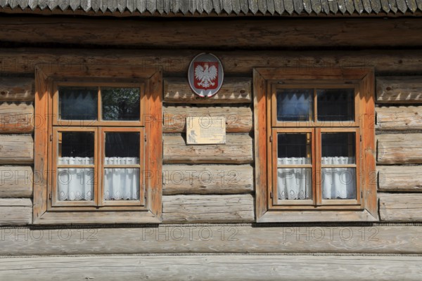 Traditional wooden houses in the village of Chocholow, detail of Podhale-style wooden architecture, listed by UNESCO, near Zakopane, Malopolska Voivodeship, Poland
