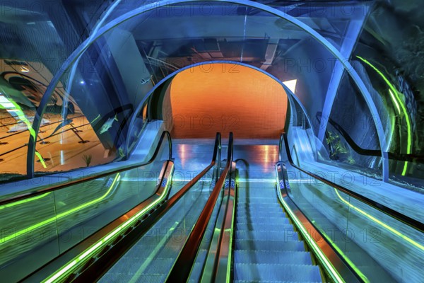 Escalator under the largest aquarium in Dohar, 6 million liters capacity, at the old port and the current cruise terminal, Doha, Qatar
