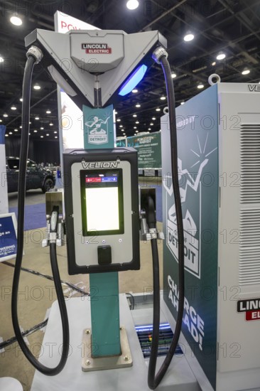 Detroit, Michigan USA - 14 January 2026 - A City of Detroit electric vehicle charging station, displayed at the Detroit Auto Show. Detroit's Charge Ahead program is installing fast charging stations across the city