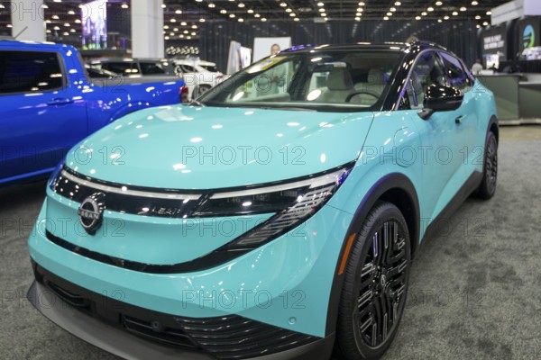 Detroit, Michigan USA - 14 January 2026 - The Nissan Leaf battery electric car on display at the Detroit Auto Show