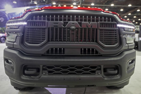 Detroit, Michigan USA - 14 January 2026 - The grill of a RAM truck 2500 on display at the Detroit Auto Show