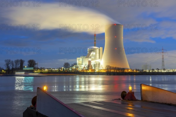 Cooling tower of the Duisburg-Walsum coal-fired power plant, operated by STEAG and EVN AG, 181 meters high, power plant block 10, water vapor cloud, on the site of the former Walsum coal mine, Duisburg, Rhine, docks of the Rhine ferries between Duisburg-Walsum and Rheinberg-Orsoy on the Lower Rhine, North Rhine-Westphalia, Germany