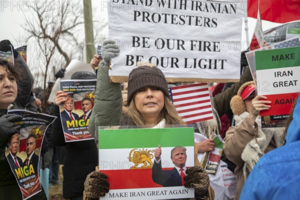 Detroit, Michigan USA - 13 January 2026 - Supporters of regime change in Iran joined protests outside the Motor City Casino as President Donald Trump spoke to the Detroit Economic Club