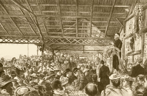 Sebastian Anton Kneipp (1821 1897), lecture by Sebastian Kneipp in the open hall in Bad Wörishofen, Roman Catholic priest and naturopath, naturopathy, hydrotherapy, Kneip medicine, water cure, treading water. Medicine, history of medicine, photography, Germany ca. 1895, historical