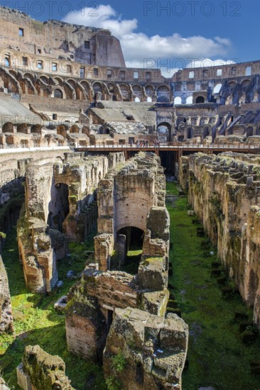 View of exposed hypogeum substructure brick walls from Arena Hypogeum of Colosseum from the time of Emperor Domitian, Colosseum, Rome, Lazio, Italy