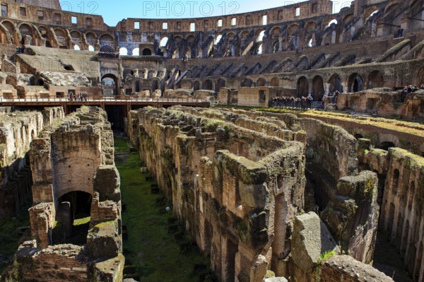 View of exposed hypogeum substructure brick walls from Arena Hypogeum of Colosseum from the time of Emperor Domitian, Colosseum, Rome, Lazio, Italy
