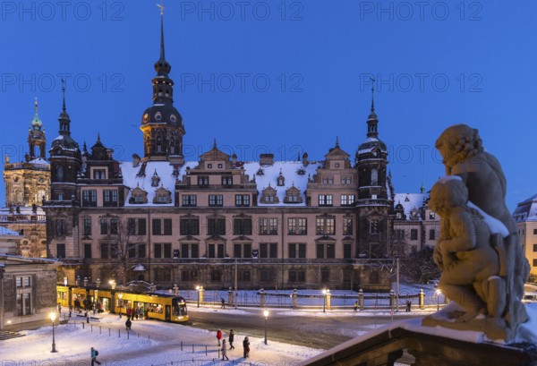 Royal Palace on a winter evening, exterior view with snow, Dresden, Saxony, Germany