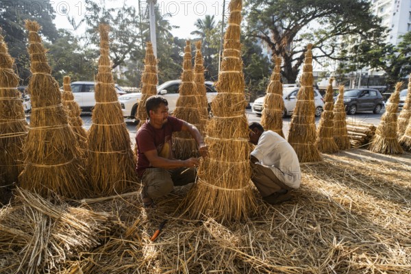 Vendor prepare Meji (Bonfire) for sell, as part of preparations ahead of the 'Magh Bihu' festival, in Guwahati, Assam, India on January 12, 2026. Magh Bihu, also called Bhogali Bihu, is Assam's harvest festival marking the end of the agricultural season and celebrated with feasts, community bonfires, and traditional food
