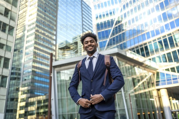Young businessman standing confidently in a modern urban environment, carrying a backpack and smiling, representing success, ambition, and a dynamic professional lifestyle