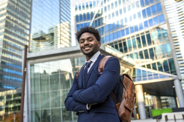 Young black businessman smiling. Wearing a suit and brown backpack. Confidently standing with arms crossed outdoors in a modern city district with office buildings and glass facades in the background