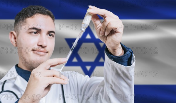 Doctor holding syringe on Israel flag background. Medical professional holding syringe with Israeli flag in the background