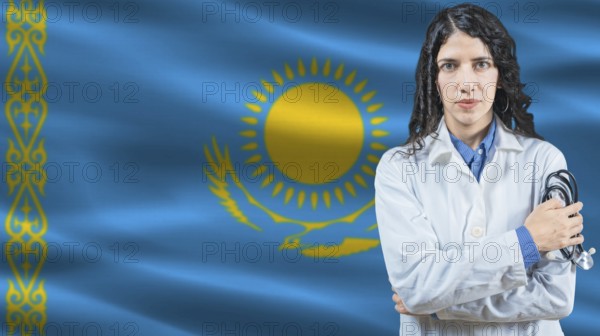 Kazakh national health system, Medical professional on Kazakhstan flag background