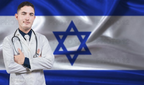 Portrait of medical professional on Israel flag background. Israeli national health system