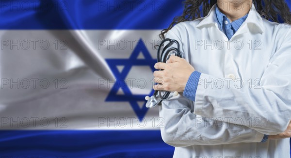 Healthcare professional with Israel flag background. Professional doctor holding stethoscope on Israel flag background