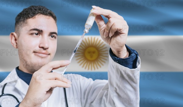 Doctor holding syringe on Argentina flag background. Medical professional holding syringe with Argentine flag in the background