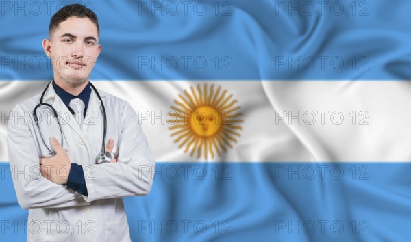 Portrait of medical professional on Argentina flag background. Argentine national health system