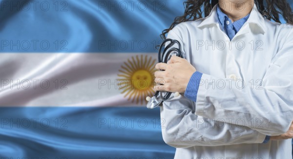 Healthcare professional with Argentina flag background. Professional doctor holding stethoscope on Argentina flag background