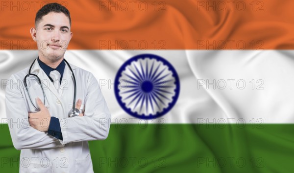 Portrait of medical professional on India flag background. Indian national health system