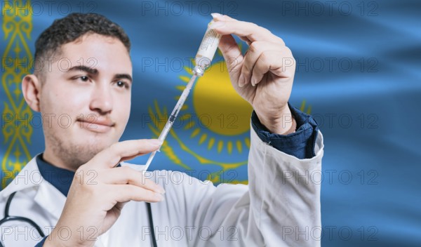 Doctor holding syringe on Kazakhstan flag background. Medical professional holding syringe with Kazakh flag in the background