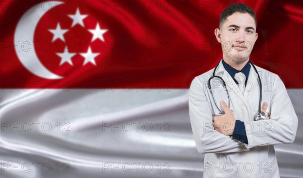Portrait of medical professional on Singapore flag background. Singaporean national health system
