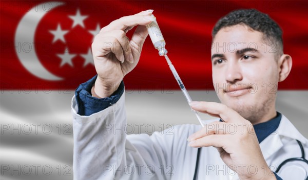 Doctor holding syringe on Singapore flag background. Medical professional holding syringe with Singaporean flag in the background