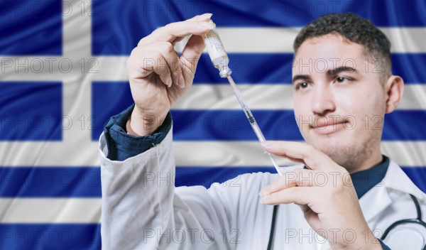 Doctor holding syringe on Greece flag background. Medical professional holding syringe with Greek flag in the background