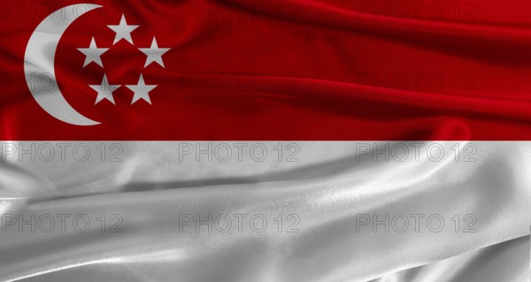 Flag of Singapore with fabric textured background. Close up of National flag of Singapore with realistic texture