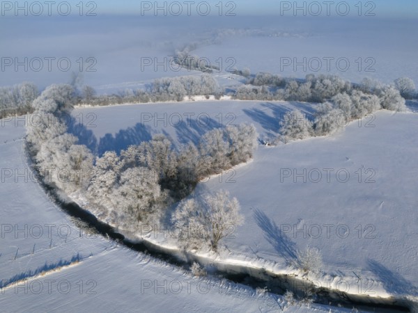 Snow-covered fields and trees in a quiet winter landscape with clear sky, Fuhse River, Bülten, Ilsede, Peine District, Lower Saxony, Germany
