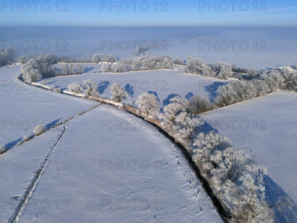 Wide winter landscape with snow-covered fields and frosty trees under a clear sky, Fuhse river, Bülten, Ilsede, Peine district, Lower Saxony, Germany