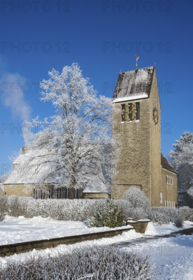 Church with snow-covered trees against a clear blue sky, winter scene, St. Mark's Church, snow, hoarfrost, Bülten, Ilsede, Lower Saxony, Germany