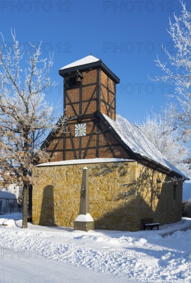 Timbered church in snowcoat with clear blue sky in background, Old Chapel, 15th century, snow, hoarfrost, Bülten, Ilsede, Lower Saxony, Germany
