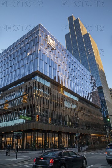 Detroit, Michigan - General Motors' new headquarters in the Hudson's Detroit development. The taller building, still under construction, will house a luxury hotel and condominiums