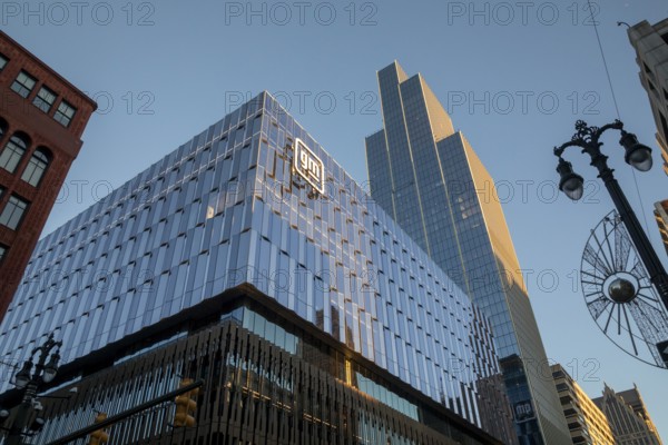 Detroit, Michigan - General Motors' new headquarters in the Hudson's Detroit development. The taller building, still under construction, will house a luxury hotel and condominiums