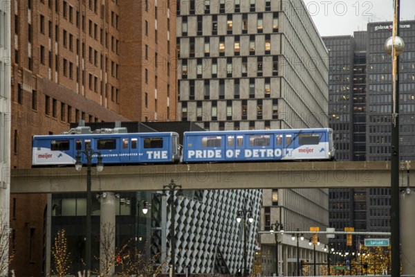 Detroit, Michigan - The Detroit People Mover, a one track elevated train that circles downtown. The train has been free to riders since early 2024