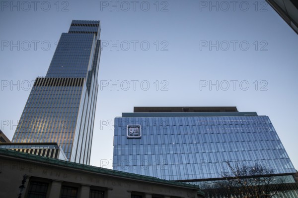Detroit, Michigan - General Motors' new headquarters (right) in the Hudson's Detroit development. The taller building, still under construction, will house a luxury hotel and condominiums