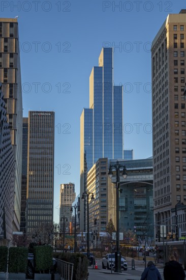 Detroit, Michigan - The Hudson's Detroit development. A low-rise building houses General Motors' new headquarters, while the taller building, still under construction, will contain a luxury hotel and condominiums