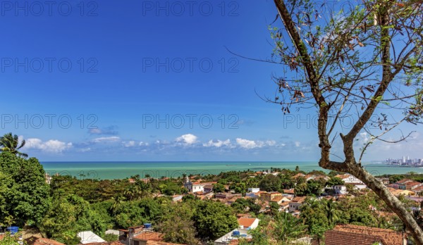 View of the historic city of Olinda in Pernambuco with the sea in the background, Olinda, Pernambuco, Brazil