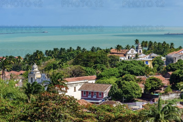Old mansions and churches nestled among the vegetation in the historic city of Olinda, Olinda, Pernambuco, Brazil