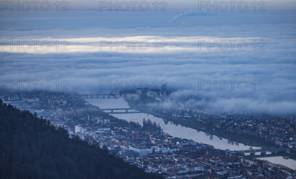 Aerial view of the city of Heidelberg on the Neckar, fog landscape of low-hanging clouds and fog fields with high fog in the Upper Rhine plain, Heidelberg, Baden-Württemberg, Germany