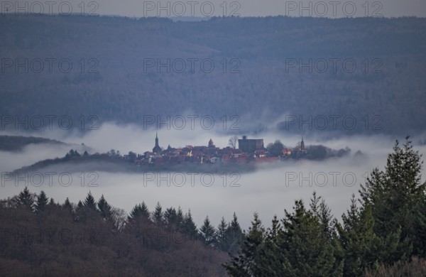 Aerial view of a medieval town, Dilsberg mountain fortress in a fog landscape in the Odenwald near Neckargemünd, Neckar-Odenwald district, Odenwald, Baden-Württemberg