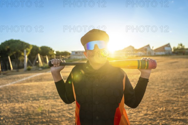 Youth baseball player in sunglasses and orange black jersey gripping a bat on a dusty field at golden hour, focused and ready as the sun sets behind him