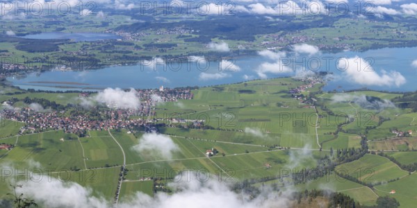 Panorama from Tegelberg, 1881m, on Schwangau, Waltenhofen, Forggensee and Hopfensee, Füssener Land, Ostallgäu, Bavaria, Germany
