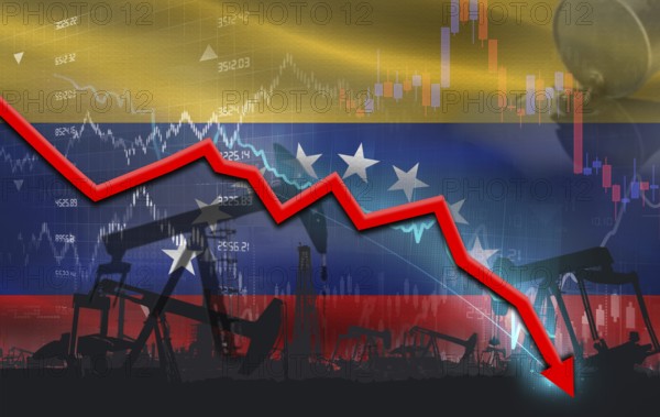 Crude crisis with Venezuelan flag on financial graph. Fall oil price with flag of Venezuela on economic chart