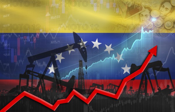 Oil production with Venezuelan flag, petrol industry. Oil pumps with Venezuelan flag