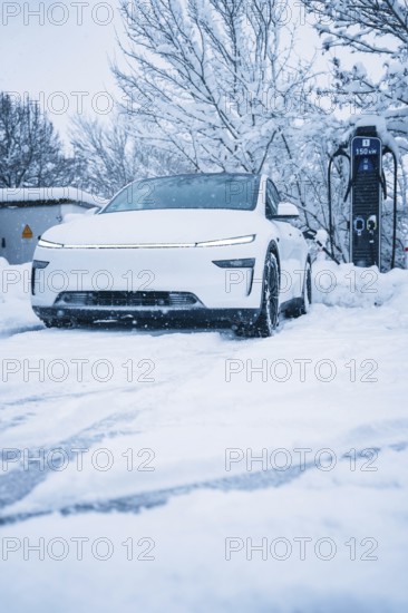 White electric car in a snowy landscape next to a charging station, Tesla Model Y electric car, ENBW charging station, Waldachtal, Freudenstadt district, Germany